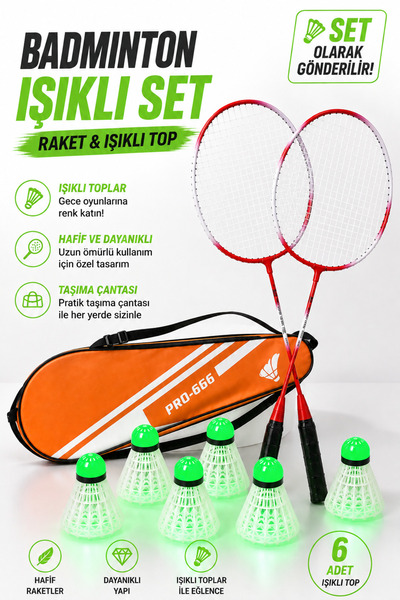 İMVULA Badminton Seti 2 Raket ve 6 Işıklı Top Taşıma Çantalı Badminton Raketi