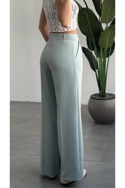 asfamoda Women's Mint Green High Waist Double Pleated Palazzo Fabric Trousers Flowy Wide Leg Casual Stylish Office Pan