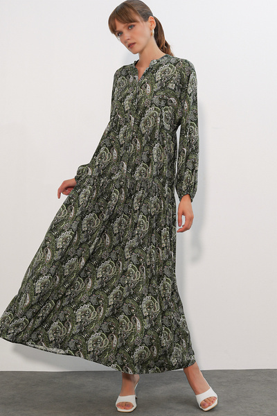 Merterium Women's Patterned Long Hijab Dress 1155 - D.Khaki