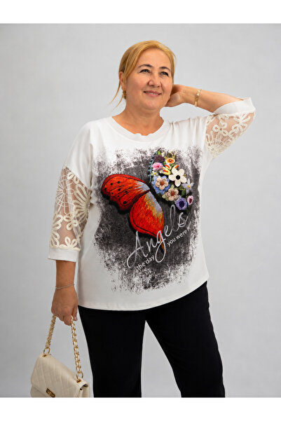 LA VELINA Plus Size Butterfly and Floral Embroidered Tulle Sleeve Women's Blo...