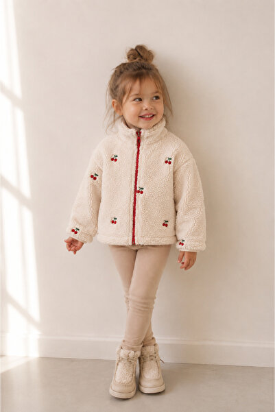 Mono Kids Kız Çocuk Kiraz Nakışlı Fermuarlı Peluş Hırka
