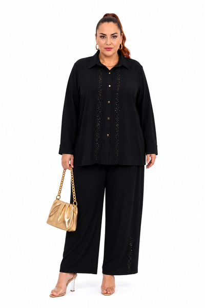 DARKWIN Plus Size Oversized Stone Detailed Pleated Shirt Collar Viscose Relax...