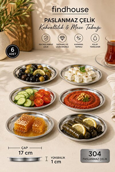 Bulika Paslanmaz Çelik 17cm Çapında 6 ADET Meze ve Kahvaltı Servis Tabağı Çey...