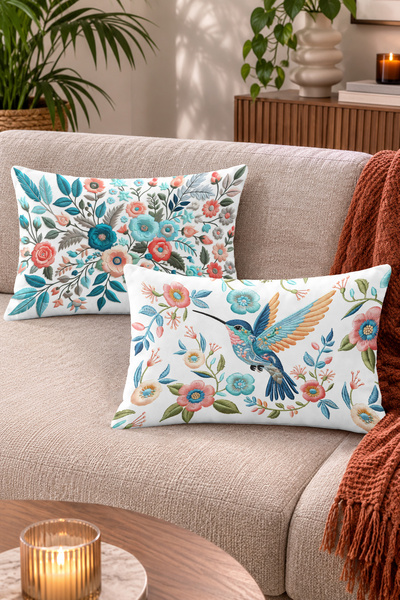 Home Kolibri Kuş ve Çiçekli Botanik Desenli Kırlent Kılıfı - 2'li Dikdörtgen ...