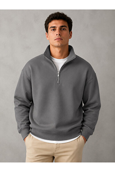 FAVORİST Men's Stand Collar Oversize Fit Compact Combed Cotton 3 Thread Sweat...