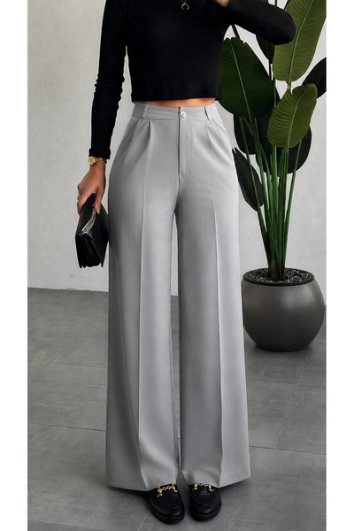 asfamoda Pantaloni de damă gri deschis, cu talie înaltă, cu pliuri duble, din...