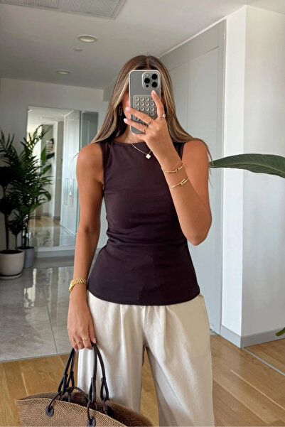 SHILSEE BEUTİQUE Women's Textured Boat Neck Ruched Top Blouse Brown