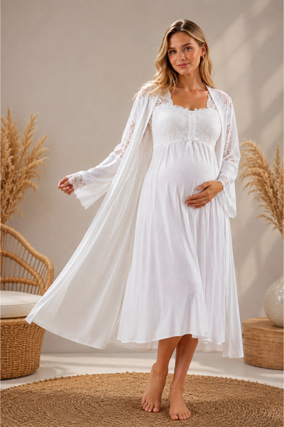 MetuCA Women's Ecru French Lace 100% Pure Cotton Maternity Double Robe Nightg...