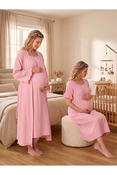 Lohusa Homewear New Season Powder Muslin Fabric Buttoned Breastfeeding Compat...