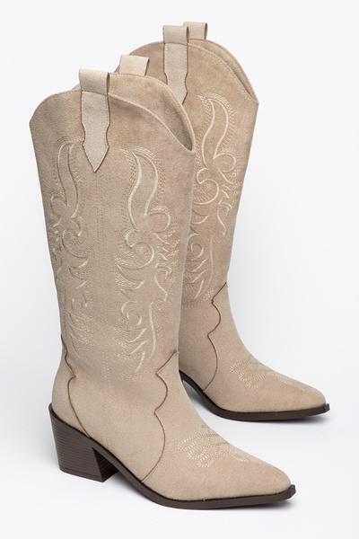 Generic Brand Beige Suede Embroidery Detailed Western Cowboy Boots with Brown...