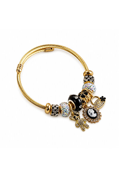 Generic Brand Brățară Damă Aurie Tip Bangle cu Charmuri Ursuleț, Geantă și Pa...