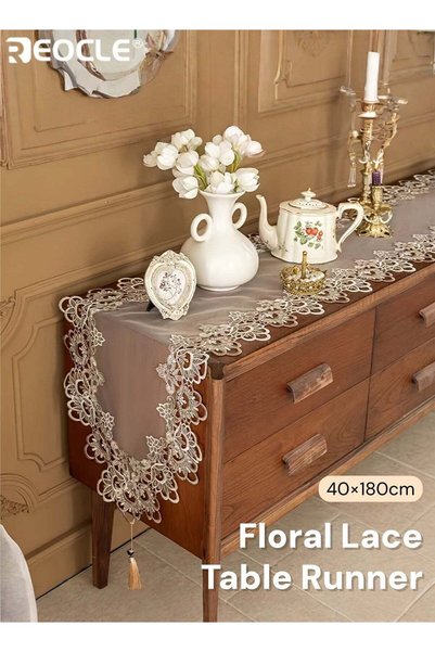 REOCLE Floral Lace Table Runner with Square Woven Design and Polyester Fabric...