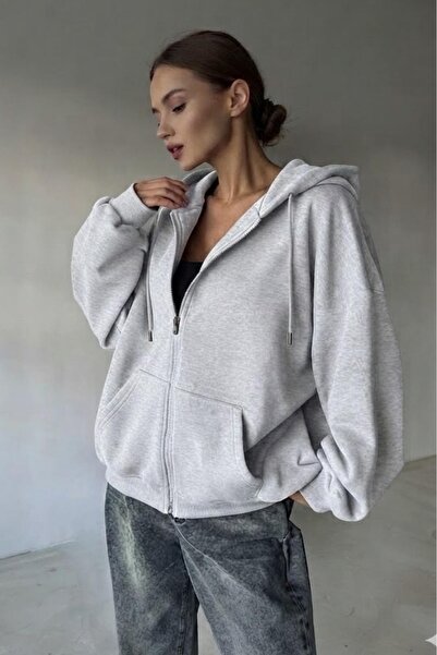 Shine Stone Kadın Oversize Kapüşonlu Kanguru Cepli Fermuarlı Sweatshirt