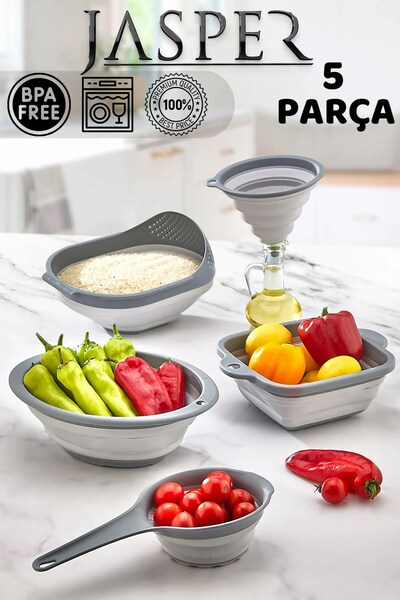 JASPER Qlux JPR-0108 5'li Akordiyon Katlanır Süzgeç Mutfak Çeyiz Seti
