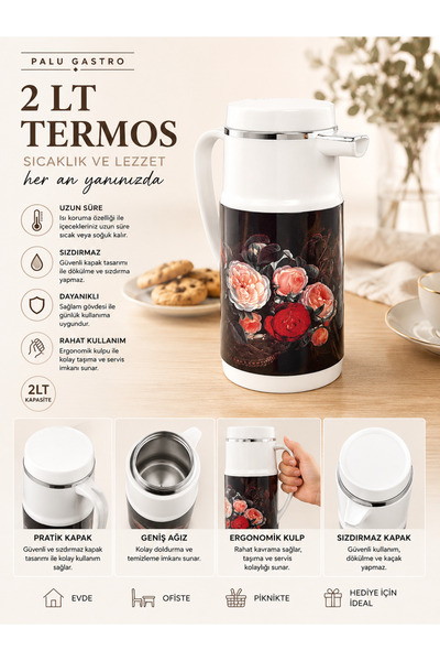 PALU GASTRO 2 Lt Vintage Patterned Thermos with Ergonomic Handle for Hot and ...