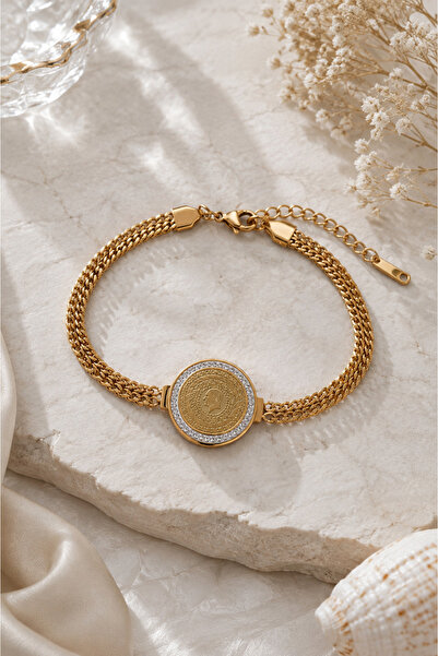 Sylvera Shop Jewelry Model Quadrant Horse Embossed Steel Bracelet (Gold Color)