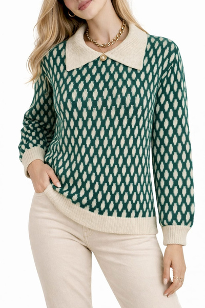 H&E LUXURY DESIGN Women's Knitwear Sweater Green Ecru Patterned Polo Collar L...