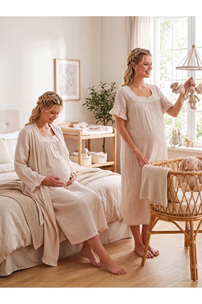 Lohusa Homewear New Season Light Beige Muslin Fabric Buttoned Breastfeeding C...