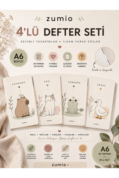 zumio 4'lü A6 Çizgisiz Defter Seti 30 Yaprak Sevimli Hayvan Figürlü Mini Not ...