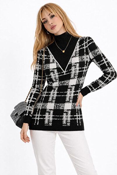 H&E LUXURY DESIGN Women's Knitwear Sweater Black White Plaid Patterned Turtle...