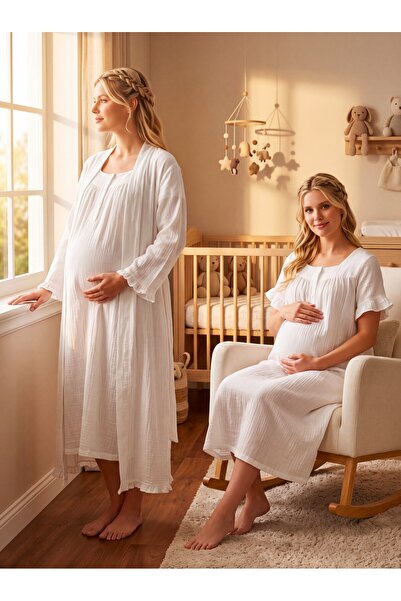 Lohusa Homewear New Season Ecru Muslin Fabric Buttoned Breastfeeding Compatib...