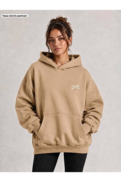 EMMODA Women's Small Ribbon Left Chest Printed Hooded Kangaroo Pocket Casual ...