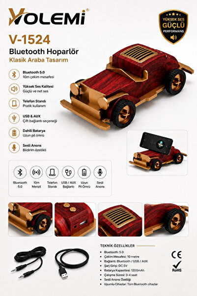 VOLEMİ V-1524 Klasik Araba Tasarımlı Bluetooth Hoparlör, Bluetooth 5.0, Telef...
