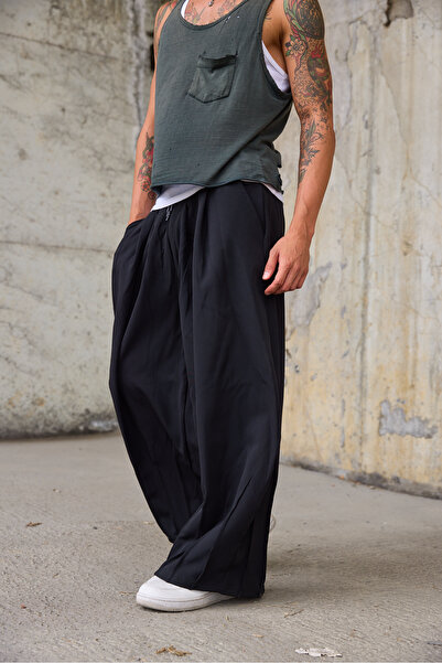 Superbluemexico Men's Pleated Cuffs with Ribbed Detail Loose Shalwar Trousers