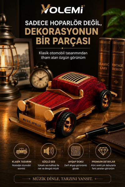 VOLEMİ V-1524 Klasik Araba Tasarımlı Bluetooth Hoparlör, Bluetooth 5.0, Telefon Standlı, USB AUX, 1200 mAh