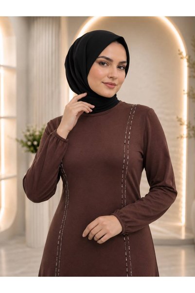 ModaMinar Women's Stone and Leather Detailed Stylish Dress with Elastic Sleeves