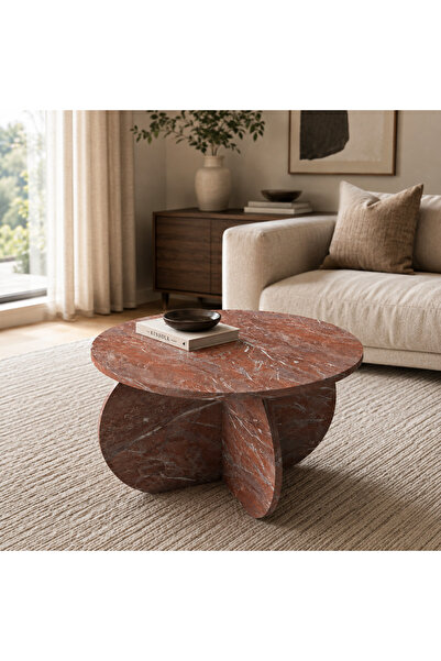 ALONEX HOME İnci Vişne Mermer Orta Sehpa 69 cm – Modern Yuvarlak Dekoratif Sa...