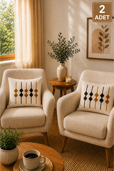 SEVMİŞ HOME 2 Piece Punch Cushion Cover 43X43 cm – Decorative Embroidered Cus...