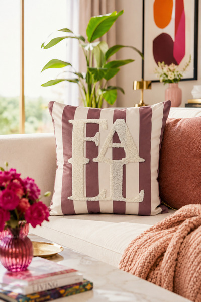 Pilloveland Punch Embroidered Throw Pillow Cover - 43*43 cm - Striped Mocha F...