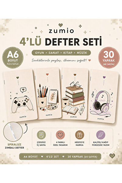zumio 4'lü A6 Çizgisiz Defter Seti 30 Yaprak Sevimli Tasarımlı Mini Not Defteri
