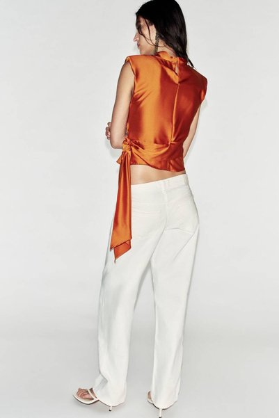 Noravelle Women's Satin Padded Draped Tie-Back Blouse - Orange