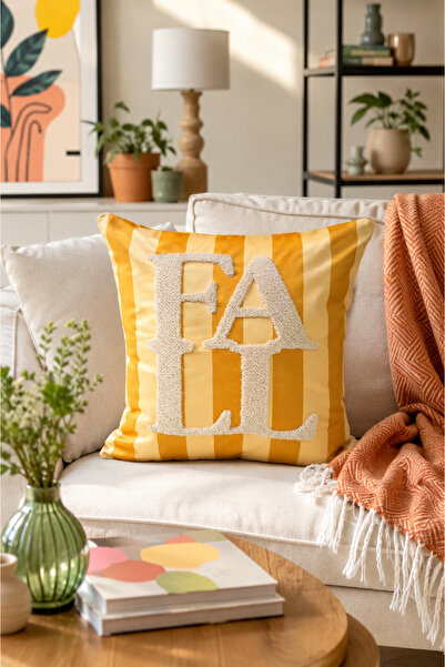 Pilloveland Punch Embroidered Throw Pillow Cover - 43*43 cm - Striped Yellow ...