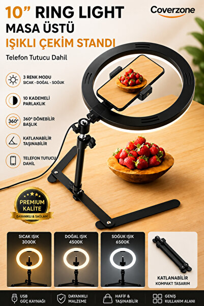 Coverzone Masaüstü Çekim Standı, Ürün Video ve Fotoğraf Çekimi 10" Ring Light...