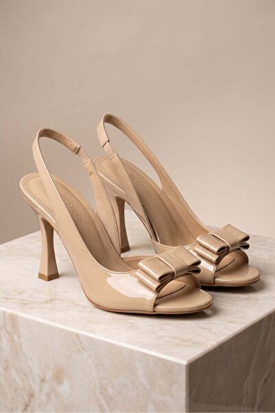 Güllü Shoes Beige Patent Leather Bow Buckle Detailed Heeled Sandals Open Back...