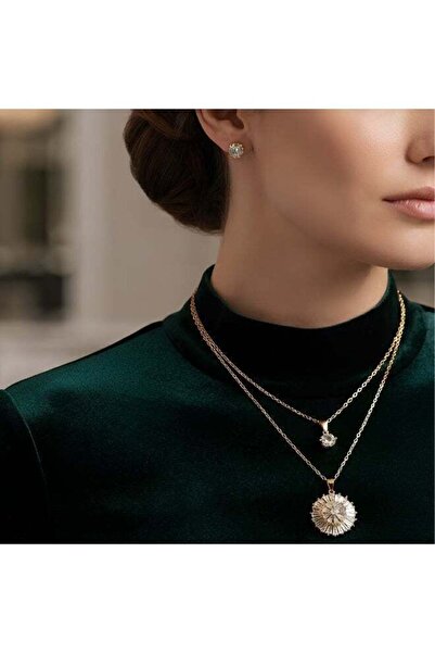 Generic Elegant Double Layer Necklace Set with Crystal Pendant & Stud Earrings with box for Women | Premium Jewelry Gift Set