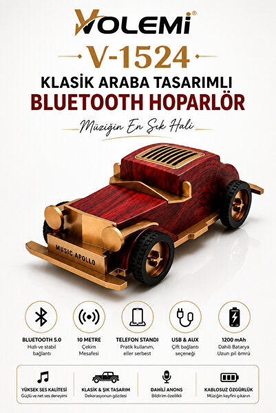 VOLEMİ V-1524 Klasik Araba Tasarımlı Bluetooth Hoparlör, Bluetooth 5.0, Telefon Standlı, USB AUX, 1200 mAh