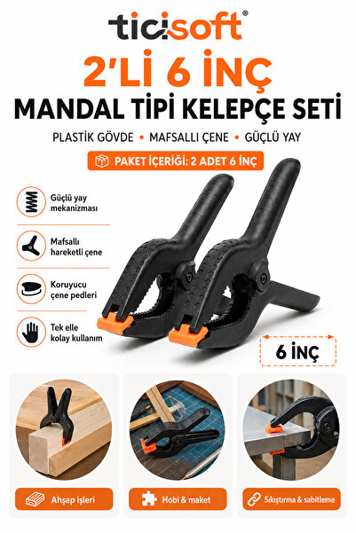 Ticisoft 2 Adet 6 İnç Mandal Tipi Plastik Kelepçe Seti Güçlü Yaylı Mafsallı Ç...