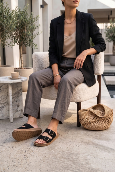 Polomia Comfort Women's Suede Anatomical Comfort Double Strap Buckle Daily Sl...