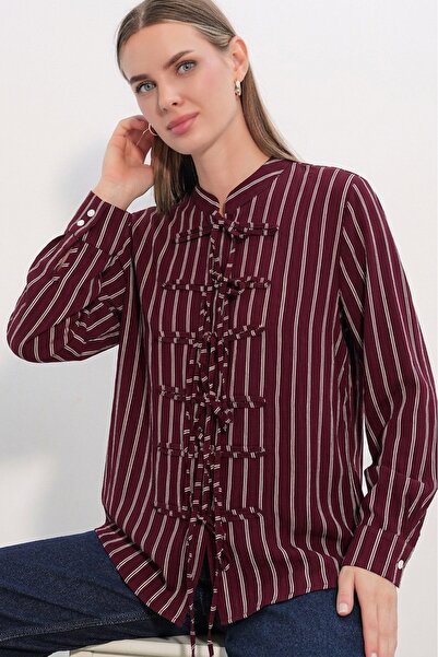 Merterium Women's Front-Tie Striped Shirt 1561 - Burgundy