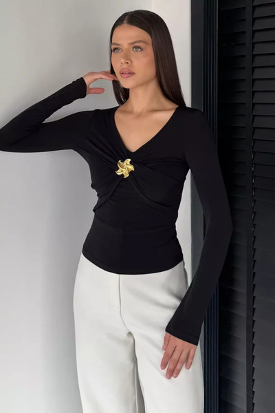TOZLU Women's V-Neck Lycra Blouse with Gold Buckle Detail
