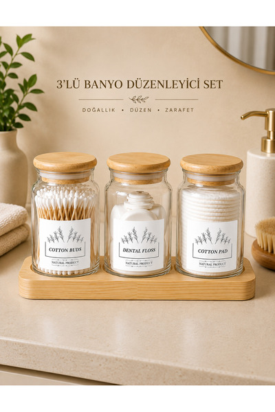 Durina Living 3-Piece Glass Bathroom Organizer Set with Stand and Wooden Cove...
