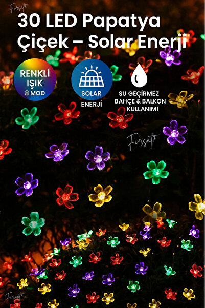 Fırsat7 30 Papatya Çiçek Renkli Led Güneş Enerjili Solar Led Işık 7 Metre Dekoratif Rgb Renkli 8 Modlu Yılbaşı Bahçe Balkon Ve Teras