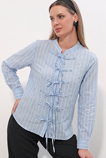 Merterium Women's Front-Tie Striped Shirt 1561 - Blue