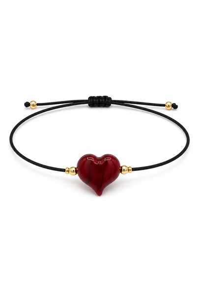 Beatis Red Glass Heart Figured Black String Bracelet