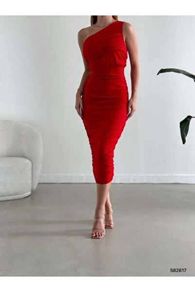Modafeminen One-Shoulder Scuba Crepe Dress 582617 Red