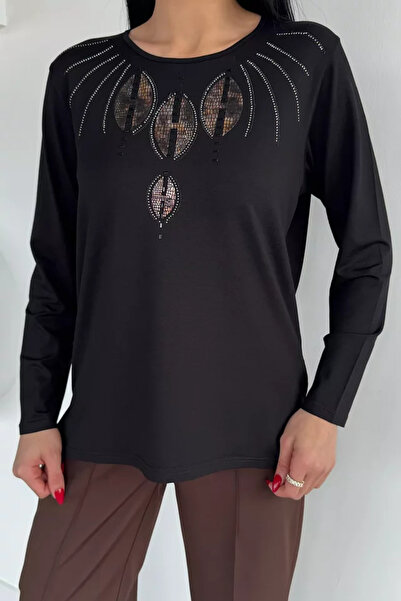 TOZLU Crew Neck Stoned Mother Combed Cotton Blouse